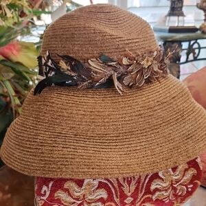 Elegant Tan Sun Hat with Feather Accent